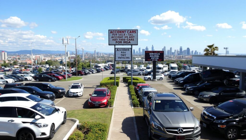 A bustling auto dealership lot on a bright, sunny day, with an array of damaged and salvaged vehicles neatly arranged for prospective buyers. The foreground features a variety of cars, ranging from sedans to SUVs, all clearly labeled with their respective locations, such as "Accident Cars for Sale - Florida" and "Salvage Vehicles - Texas". In the middle ground, a well-manicured landscape with lush greenery and a paved walkway leads to the entrance of the dealership, where a signage board highlights the various states and regions represented. The background showcases a picturesque cityscape, with skyscrapers and other urban landmarks, conveying a sense of the diverse geographical locations where these accident and salvage vehicles are sourced. The image exudes a professional, organized, and welcoming atmosphere, inviting potential buyers to explore the wide selection of accident cars available across different states and regions.