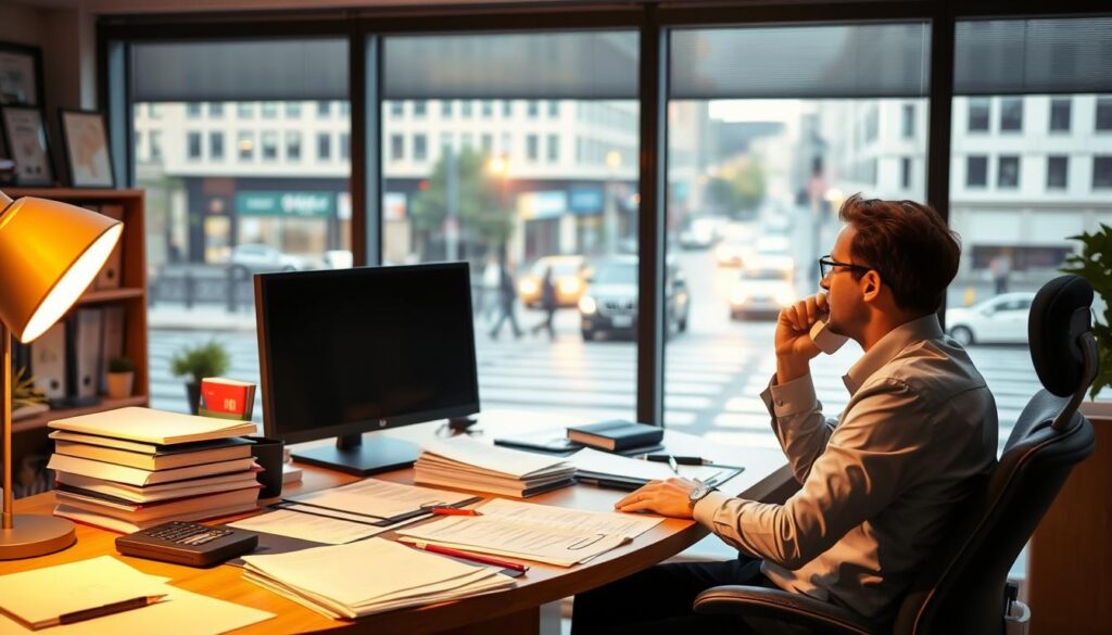 A bustling office setting with a desk, computer, and various documents and files, illuminated by warm, soft lighting. In the foreground, a person in professional attire sits at the desk, talking on a phone and gesturing emphatically. Behind them, a large window offers a view of a city street with vehicles and pedestrians, conveying a sense of the car accident claim process. The overall atmosphere is one of diligence, attention to detail, and the complexities involved in navigating the legal and administrative aspects of a car accident claim.