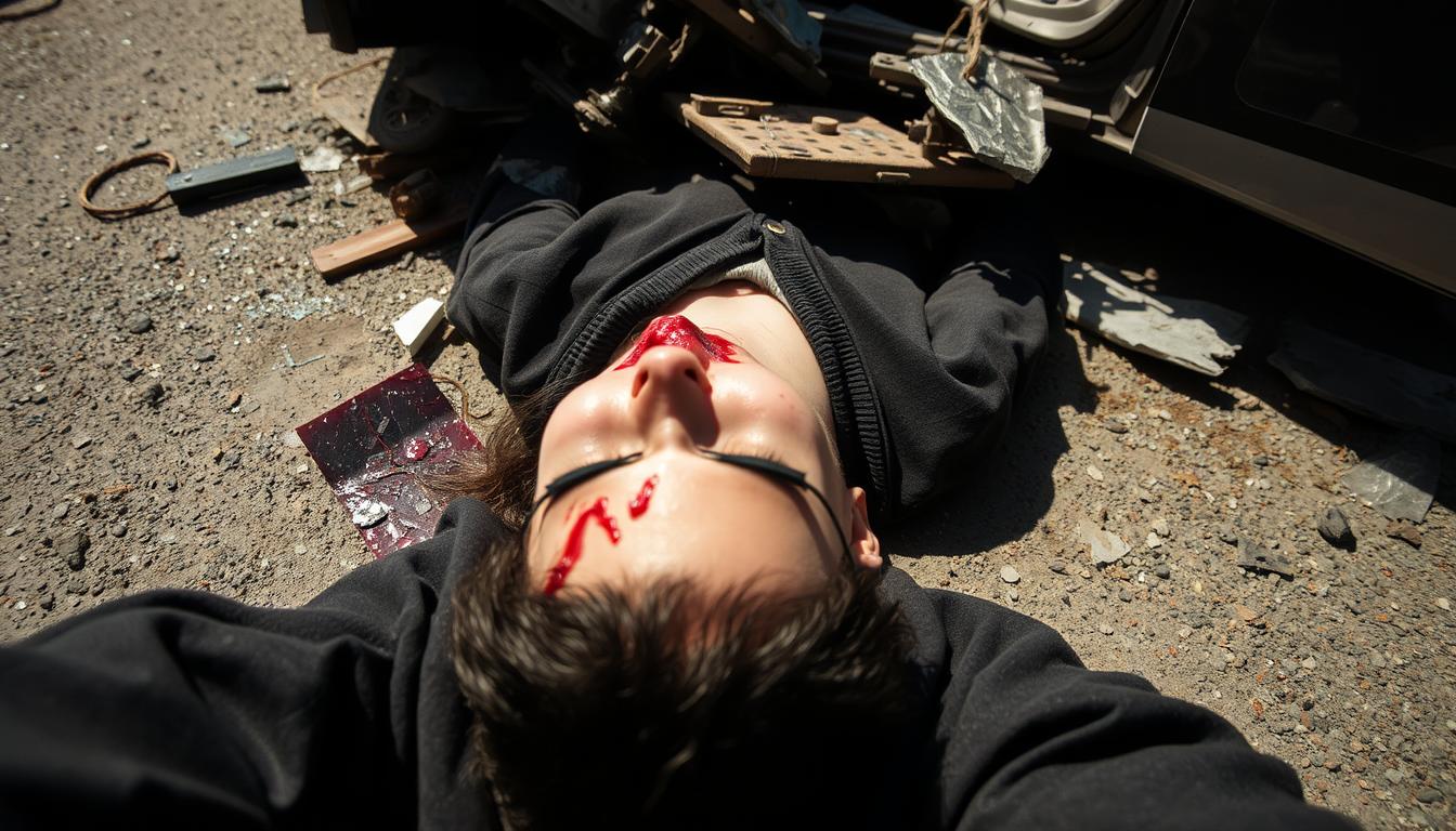 A car accident victim lying motionless on the ground, blood trickling from a head wound, shattered glass and crumpled metal surrounding them. The scene is bathed in harsh, unwavering daylight, casting dramatic shadows and highlighting the gravity of the situation. The camera angle is low, placing the viewer at eye level with the injured person, conveying a sense of somber, visceral immediacy. The atmosphere is one of shock and concern, underscoring the need for legal support and fair compensation in the aftermath of such a traumatic event.