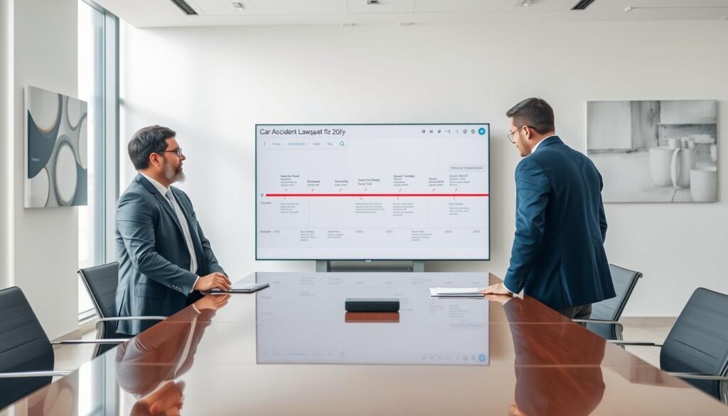 A contemporary corporate office space, softly lit by natural light filtering through floor-to-ceiling windows. In the foreground, a team of legal professionals - a lawyer, a paralegal, and a claims adjuster - gathered around a polished conference table, discussing the details of a car accident lawsuit case file. Their body language conveys a sense of focused deliberation as they navigate the complex process. In the middle ground, a large screen displays a timeline of the lawsuit, with key milestones and legal proceedings annotated. The background features subtle, abstract artwork on the walls, lending an air of sophistication to the scene. The overall atmosphere is one of professionalism, diligence, and the pursuit of justice.