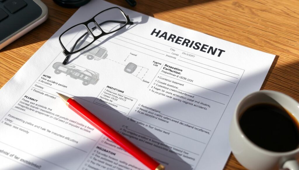 A detailed car accident report, neatly organized on a wooden desk, with a red pen, glasses, and a cup of coffee nearby. The report features clearly printed sections, including a diagram of the accident scene, witness statements, and insurance information. The lighting is soft and natural, casting gentle shadows. The overall mood is one of professionalism and attention to detail, conveying the importance of thoroughly documenting a car accident for effective resolution.