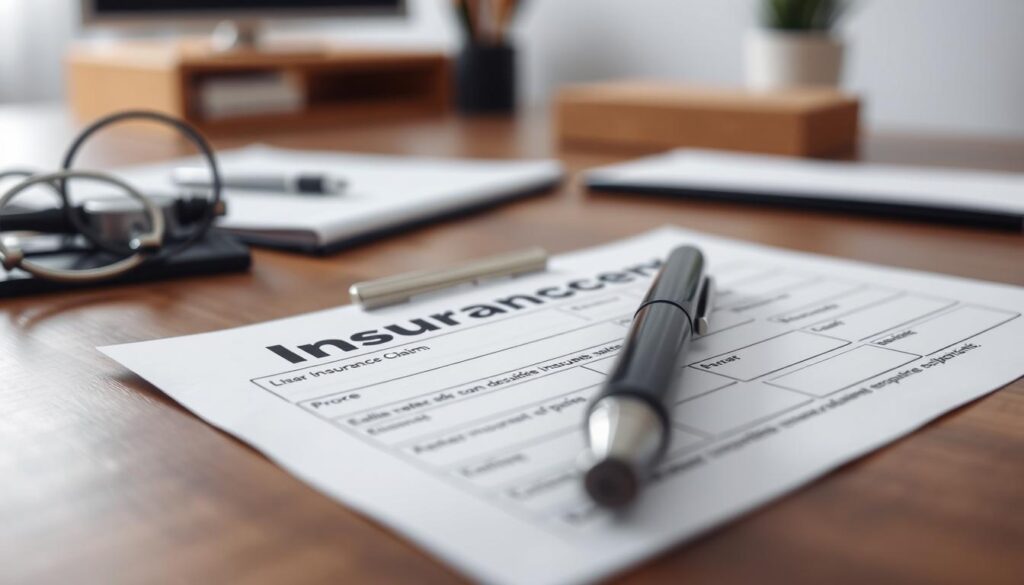 A detailed, close-up view of a car insurance claim form, placed on a wooden desk or table. The form is partially filled out, with a pen resting nearby. The background is slightly blurred, but suggests a modern, minimalist office setting with a few other office supplies visible. The lighting is soft and diffused, creating a sense of professionalism and organization. The overall mood is one of careful attention to detail and the process of filing a car accident insurance claim.