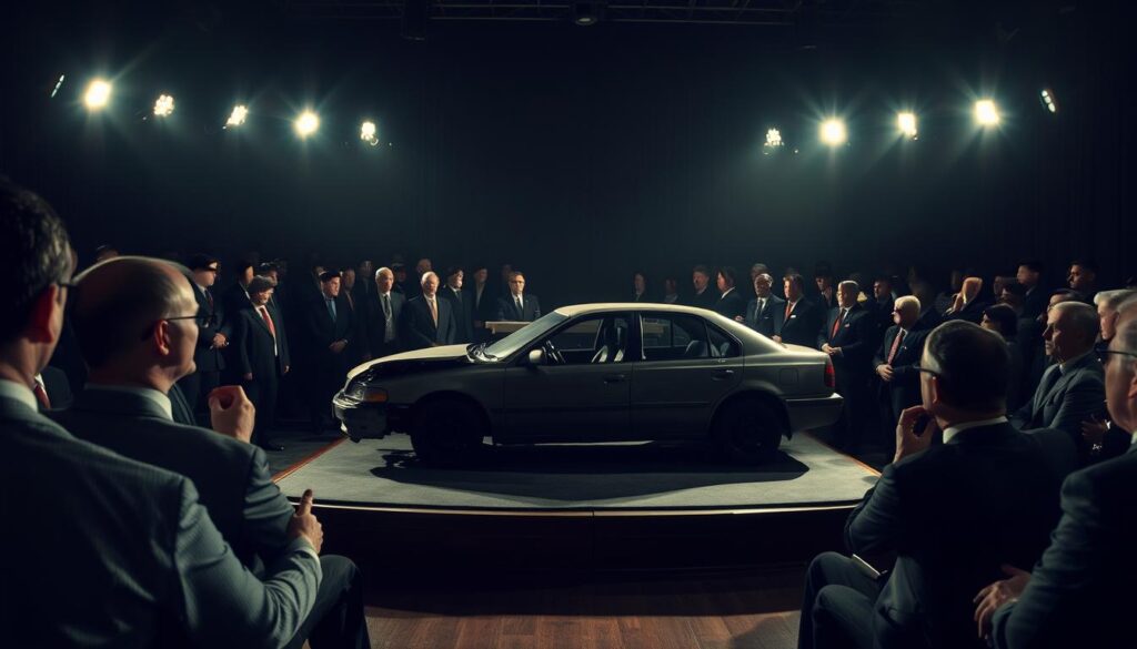 A dimly lit auction hall, the atmosphere tense with anticipation. In the center, a battered car sits on the stage, its damaged exterior a testament to its past mishap. Bidders, dressed in business attire, lean forward, their eyes fixed on the auctioneer as the bidding process unfolds. Soft spotlights cast dramatic shadows, highlighting the concentration on their faces. The room is filled with the rhythmic chant of the auctioneer, punctuated by the occasional raised hand or nod, as buyers compete to secure this salvaged treasure. The scene is one of calculated risk and potential reward, where the thrill of the auction meets the practicality of acquiring a damaged vehicle at a discounted price.