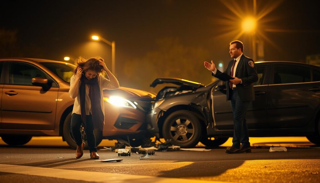 A dimly lit street intersection, cars colliding at an angle, glass and debris scattered across the pavement. In the foreground, a woman holds her head, a look of pained confusion on her face. Behind her, a man gesticulates emphatically, likely arguing his case. The scene is illuminated by the warm glow of streetlights, casting long shadows and creating a sense of tension and uncertainty. A police officer stands off to the side, clipboard in hand, assessing the situation. The whole tableau conveys the complex dynamics of "comparative negligence" - where both parties bear some responsibility for the accident.