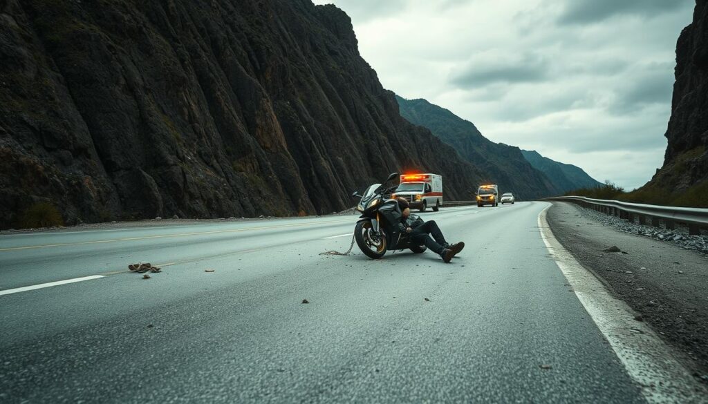 A dramatic motorcycle accident scene unfolding on a winding mountain road, with a rider thrown from the bike and debris scattered across the tarmac. The crumpled motorcycle lies in the foreground, while emergency vehicles approach in the distance. The sky is overcast, casting a somber mood, and the composition is framed by tall, imposing cliffs on either side of the road. Realistic details such as skid marks, shattered fragments, and the injured rider add to the sense of chaos and urgency. The scene conveys the sudden and devastating nature of such an accident.
