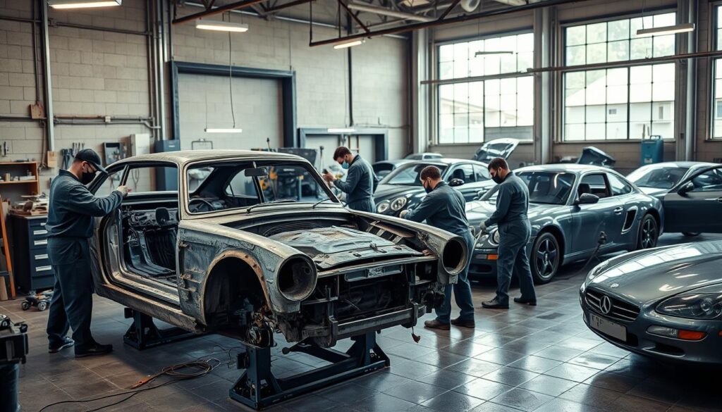 A garage workshop with natural lighting pouring in through large windows, the walls lined with tools and equipment. In the foreground, a heavily damaged car sits on a repair stand, its panels removed to reveal the underlying frame. Mechanics in coveralls carefully inspect the vehicle, using specialized tools to assess the extent of the damage. The middle ground shows various stages of the restoration process, from welding and panel beating to sanding and priming. In the background, finished cars gleam under the warm glow of overhead lamps, showcasing the high-quality workmanship. The overall scene conveys a sense of diligence, expertise, and the transformative power of skilled automotive restoration.
