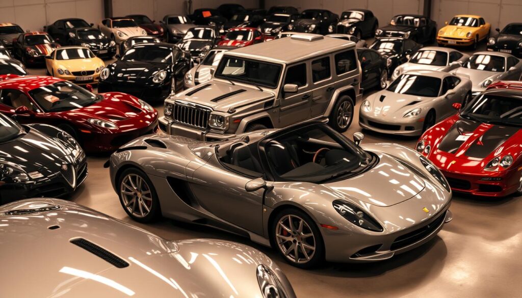 A gleaming collection of luxury salvage vehicles, their battle-worn exteriors belying the hidden potential within. In the foreground, a sleek sports car, its crumpled fender hinting at a recent encounter, stands poised for restoration. In the middle ground, a towering SUV, its chrome trim tarnished yet captivating, beckons with the promise of off-road adventures. The background is filled with a diverse array of makes and models, each a unique canvas waiting to be transformed by skilled hands. Diffused studio lighting casts a warm, contemplative glow, inviting the viewer to imagine the stories behind these salvaged treasures. A sense of possibility permeates the scene, hinting at the hidden value and untapped potential of these luxury salvage vehicles.