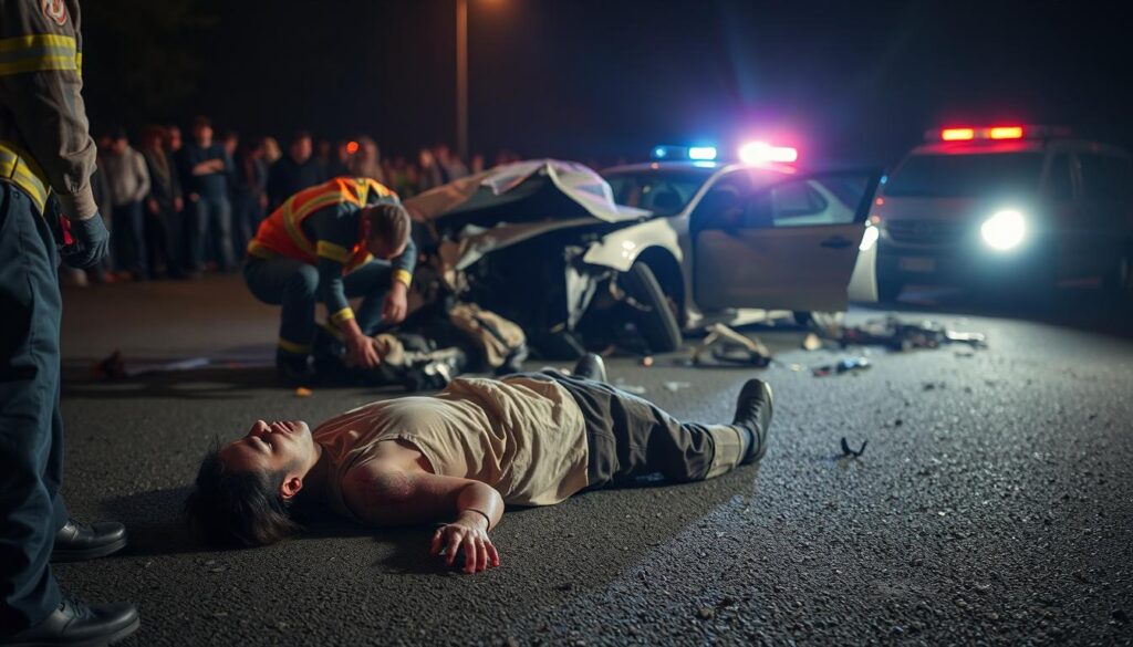 A grim scene of a car accident aftermath, illuminated by the soft glow of emergency lights. In the foreground, a person lies on the ground, their limbs twisted unnaturally, bloodied and bruised. Medical personnel attend to the victim, their faces etched with concern. The middle ground is cluttered with the mangled remains of the vehicles involved, shards of glass and twisted metal scattered across the asphalt. In the background, bystanders watch on, their expressions a mix of horror and sympathy. The atmosphere is somber, the sense of tragedy palpable, yet the image conveys the importance of immediate medical attention for car accident victims.