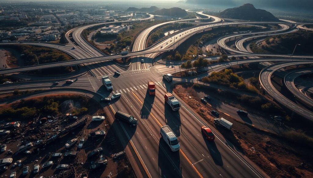 A high-impact aerial view of multiple car crashes across major highways and intersections throughout the United States. Dramatic lighting casts long shadows, creating a sense of chaos and urgency. In the foreground, crumpled vehicles, glass, and debris litter the scene. In the middle ground, emergency responders and tow trucks attend to the aftermath. The background reveals a network of roads winding through diverse landscapes - urban cityscapes, rural countryside, and mountainous terrain. The overall tone conveys the scale and severity of car accidents impacting communities nationwide.