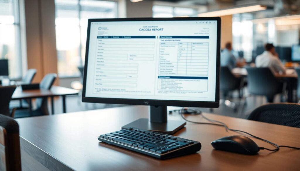 A modern office desk with a computer monitor, keyboard, and mouse. On the screen, a detailed car accident report form is displayed, with various fields filled out. The desk is illuminated by soft, diffused lighting from a window in the background, creating a warm, professional atmosphere. The background is blurred, but suggests a larger office environment with other desks and people working. The overall mood conveys a sense of diligence and efficiency in processing car accident reports.