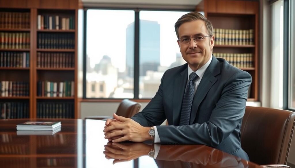 A modern office setting with a warm and professional atmosphere. In the foreground, a confident, well-dressed Denver car accident lawyer sitting at a polished wooden desk, hands clasped, conveying expertise and approachability. Behind them, bookshelves filled with legal texts, and a large window overlooking the cityscape of Denver. Soft, natural lighting filters through, creating a sense of transparency and trust. The lawyer's expression is one of focused determination, ready to advocate for their clients on a contingency fee basis. The overall mood is one of competence, reliability, and a commitment to securing the best possible outcome for those affected by a car accident.