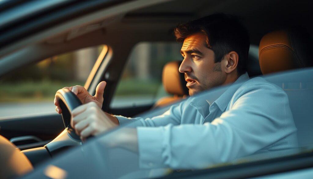 A person, sitting in the driver's seat of a car, their hands gripping the steering wheel tightly. Their expression is one of fear and anxiety, yet determination shines through as they take a deep breath. The car is parked in a familiar setting, such as a driveway or a quiet street, with the sun filtering through the windshield, casting a warm glow on the scene. The background is blurred, suggesting the focus is on the individual's internal struggle to overcome their fear of driving. The composition emphasizes the person's isolation and the challenge they face, yet also the possibility of conquering their fears and regaining their independence.