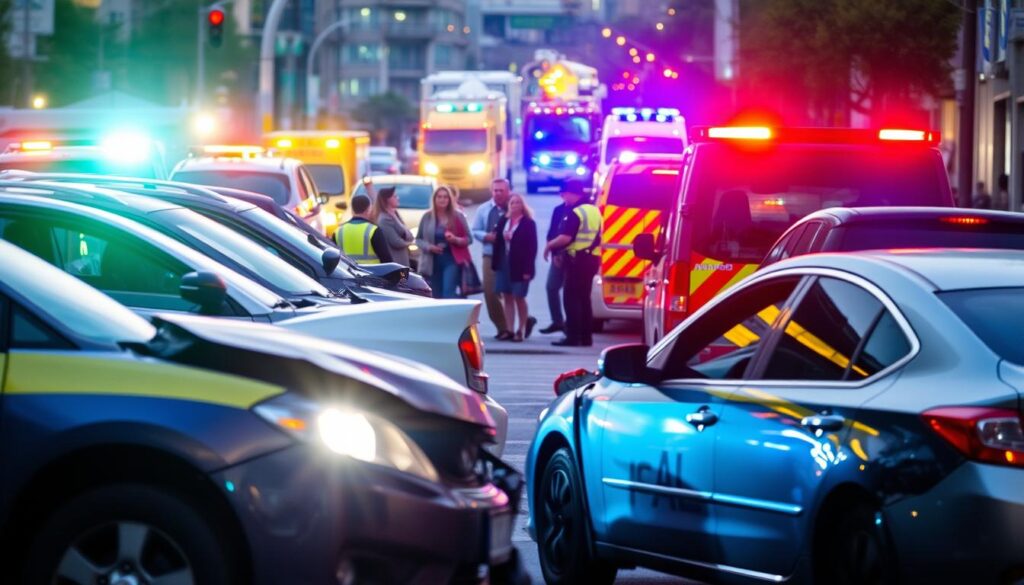 A photo of a car accident aftermath, with the damaged vehicles in the foreground, surrounded by emergency responders and tow trucks. The scene is illuminated by the flashing lights of police cars and ambulances, creating a sense of urgency and chaos. In the middle ground, a group of people, including the accident victims, are talking to the authorities, while in the background, the busy city street fades into the distance, hinting at the broader context of the incident. The image conveys the aftermath of a car accident and the need for legal representation to navigate the complex process of compensation and recovery.