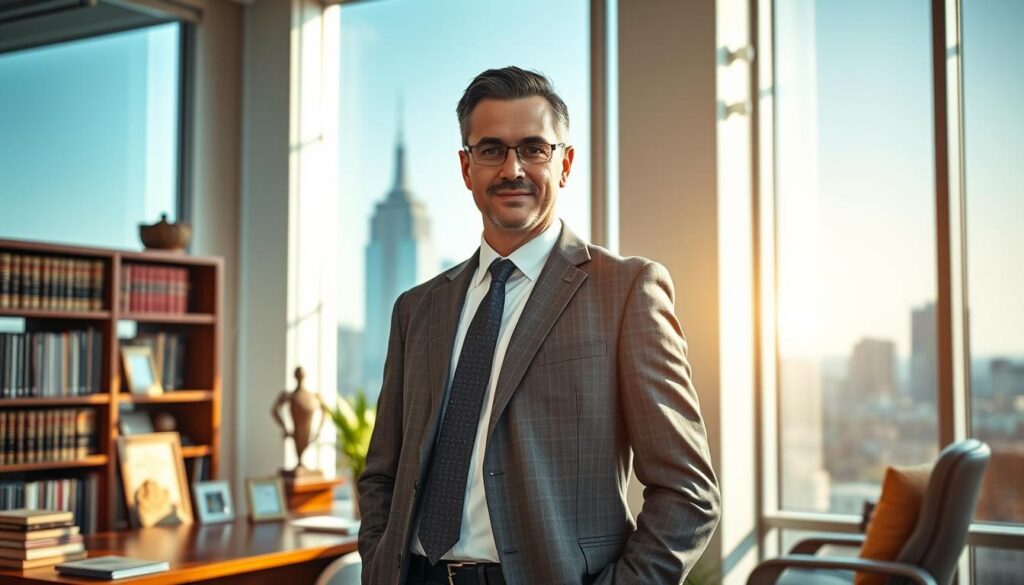 A professional, well-dressed car accident lawyer stands in a modern law office, with large windows overlooking a city skyline. The lawyer's confident expression and authoritative posture convey expertise and attention to detail. The office is filled with books, diplomas, and awards, suggesting years of dedicated experience. Warm, directional lighting illuminates the scene, casting subtle shadows that add depth and drama. The composition places the lawyer prominently in the foreground, with the cityscape in the background, emphasizing the lawyer's role as a trusted guide through the legal complexities of a car accident case.