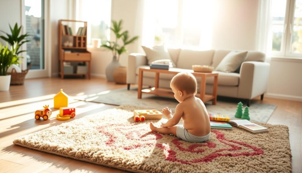 A serene, sun-dappled living room with a warm, inviting atmosphere. In the foreground, a young child plays safely on a plush, colorful rug, surrounded by educational toys and books. The middle ground features a sturdy, child-safe coffee table and comfortable sofa, while the background showcases large windows allowing natural light to fill the space. Soft, diffused lighting creates a calming, protective ambiance, emphasizing the importance of a secure, nurturing environment for child development. The overall scene conveys a sense of security, love, and the priority of child safety.