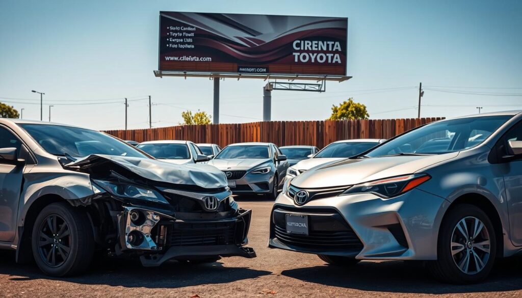 A sun-drenched used car lot, showcasing a diverse array of accident-damaged vehicles. In the foreground, a crumpled Honda Civic and a battered Toyota Corolla sit side by side, their mangled frames hinting at dramatic collisions. The middle ground features a line of sedans and SUVs, each with its own unique story of impact and resilience. In the background, a towering billboard advertises the lot, casting a warm glow over the scene. The lighting is crisp and natural, drawing attention to the intricate details of the damaged cars. The overall atmosphere conveys a sense of opportunity, as these vehicles await their chance to be repaired and given new life.