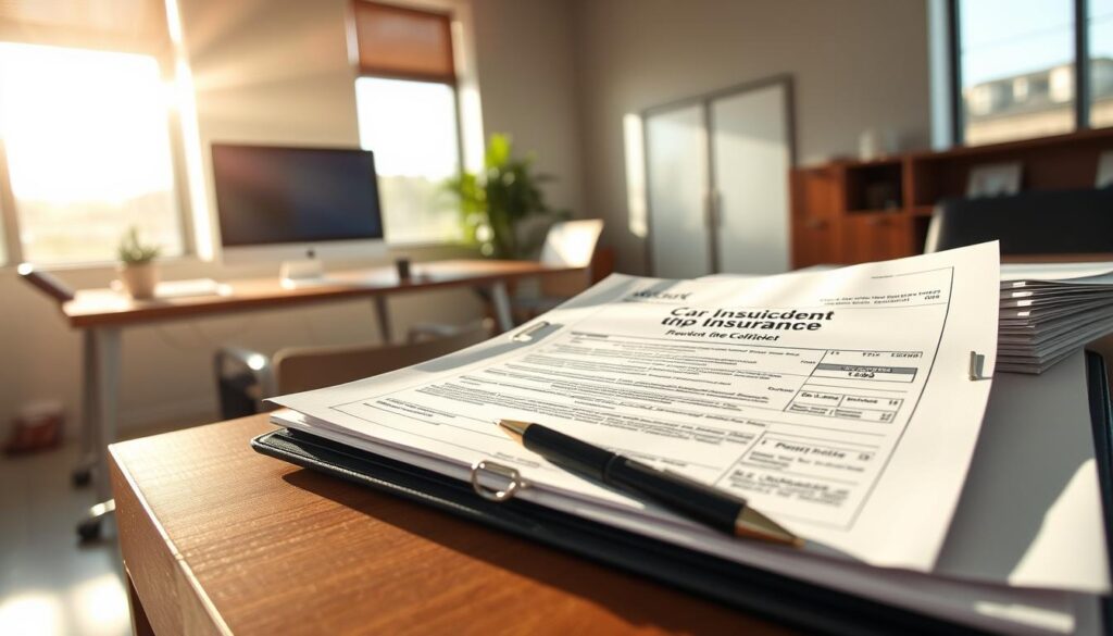 A sunlit office interior with a large desk, a computer, and a stack of paperwork. On the desk, an open file folder with insurance documents, claims forms, and a pen. The lighting is soft and warm, creating a sense of professionalism and attention to detail. The composition emphasizes the paperwork and administrative aspects of car accident insurance claims, suggesting the careful processing and documentation required.