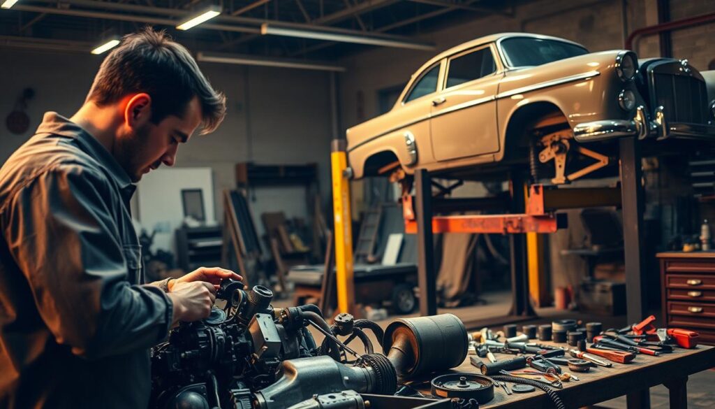 A well-lit, detailed scene showcasing the salvage vehicle restoration process. In the foreground, a mechanic carefully examines the engine components of a damaged car, assessing its repair potential. The middle ground features the disassembly of various vehicle parts, with tools and spare parts neatly organized on a workbench. In the background, a vintage car lift elevates another salvage vehicle, its frame and body panels exposed, ready for the restoration journey. The atmosphere is one of focused determination, as the mechanic meticulously plans the path to reviving the salvage vehicle. Warm, directional lighting casts dramatic shadows, conveying the technical expertise required for this intricate process.