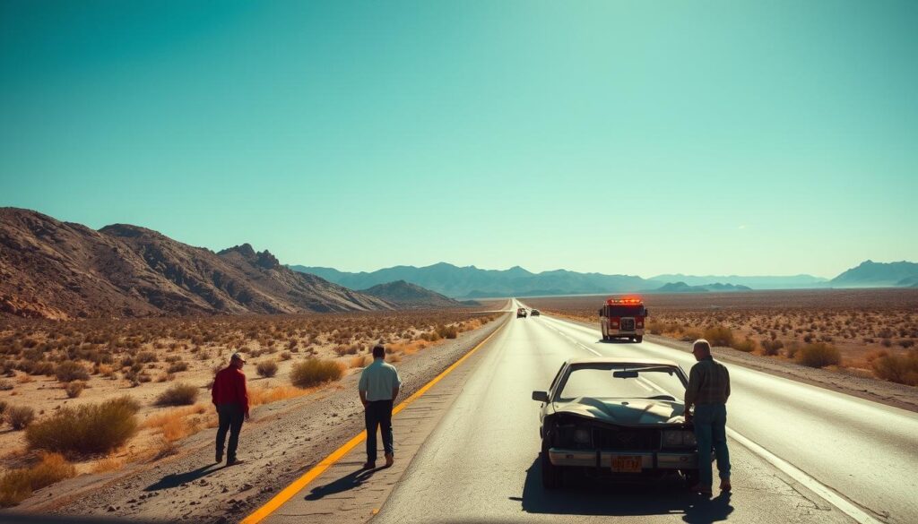 A wide, sun-drenched highway cutting through the rugged Arizona landscape, with a wrecked sedan on the shoulder, its crumpled frame a testament to the unexpected dangers of the open road. In the foreground, a pair of concerned motorists inspect the vehicle, while in the distance, the silhouettes of emergency vehicles approach, their flashing lights cutting through the arid air. The scene is captured with a cinematic wide-angle lens, conveying a sense of the vastness and isolation of the desert setting, the mood somber yet tinged with a glimmer of hope as the aftermath of the accident unfolds.