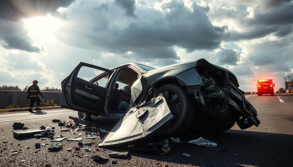 A wrecked car lies on its side, shards of glass and twisted metal scattered across the asphalt. The driver's side door hangs open, revealing a distraught elderly man trapped inside. Bright sunlight streams through dark clouds, casting dramatic shadows across the scene. Emergency responders hurry to the vehicle, their sirens wailing in the distance. The mood is somber and tense, the aftermath of a sudden and devastating accident.