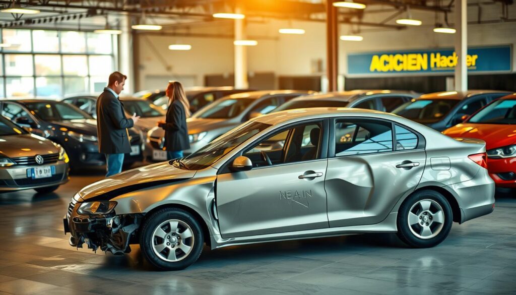 An accident vehicle sale display in a used car lot, showcasing a slightly damaged but well-maintained sedan under soft, warm lighting. The car is positioned prominently in the foreground, its paint scuffed and body panels slightly misaligned, conveying the sense of a recent collision. In the middle ground, potential buyers examine the vehicle, discussing its price and condition. The background features other used cars and the lot's signage, creating a bustling atmosphere of a thriving secondhand market. The scene elicits a sense of opportunity, as the viewer imagines the potential savings and value in purchasing an accident-repaired vehicle.
