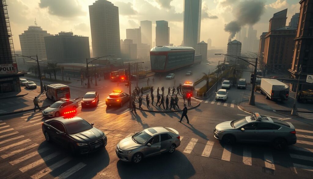 An aerial view of a busy city intersection, with a dramatic car accident unfolding in the foreground. The crumpled vehicles are illuminated by the harsh glare of emergency lights, casting long shadows across the asphalt. In the middle ground, police officers and medical personnel respond to the scene, their movements captured in a blur of activity. The background is hazy, with towering skyscrapers and billowing clouds overhead, conveying a sense of urban chaos and the gravity of the situation. The overall mood is one of tension and urgency, reflecting the high stakes and legal implications of the car accident.