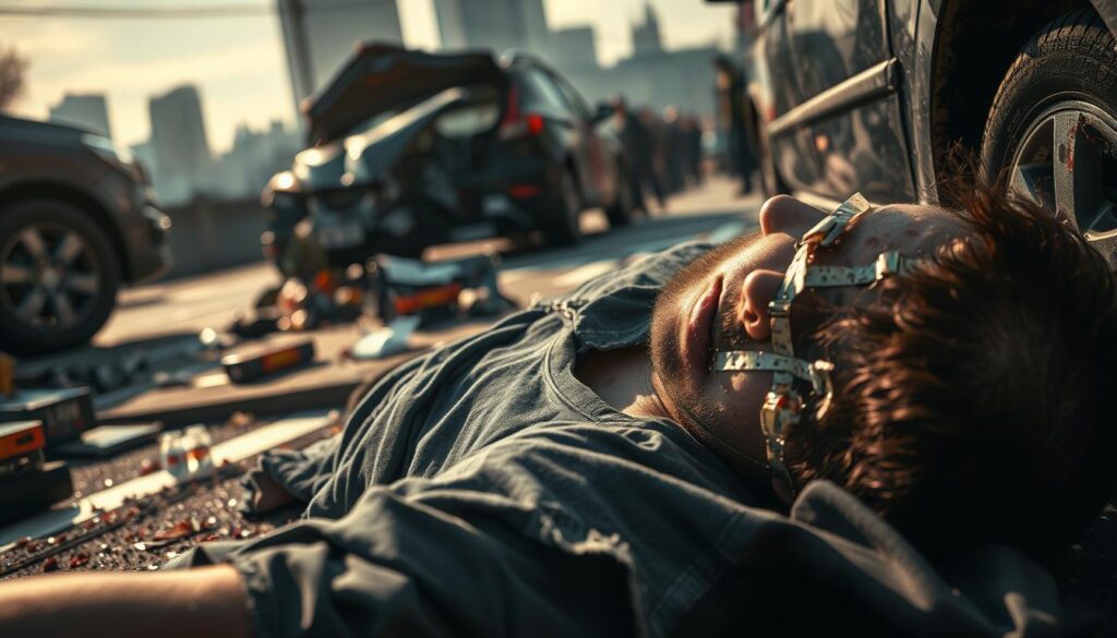 Detailed close-up scene of a car accident aftermath, with a victim suffering visible injuries. The foreground shows the injured person lying on the ground, with blood, bruises, and torn clothing visible. The middle ground depicts the damaged vehicles, with shattered glass, crumpled metal, and fluid leaks. The background has a blurred cityscape, with emergency responders and onlookers in the distance. The lighting is harsh and dramatic, casting shadows and highlights to emphasize the severity of the situation. The camera angle is tilted slightly to create a sense of tension and unease. The overall mood is somber and unsettling, conveying the gravity of the car accident and the consequences for the victims.