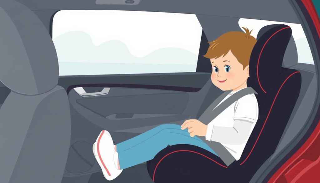 Image of a child properly secured in a rear-facing car seat
