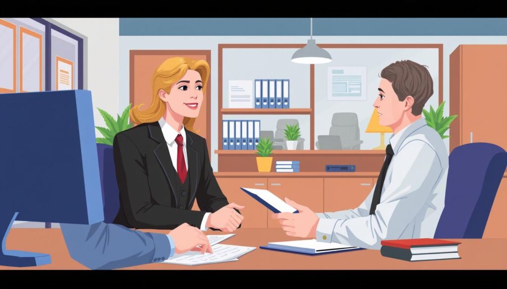 Image of a lawyer consulting with a client in an office setting.