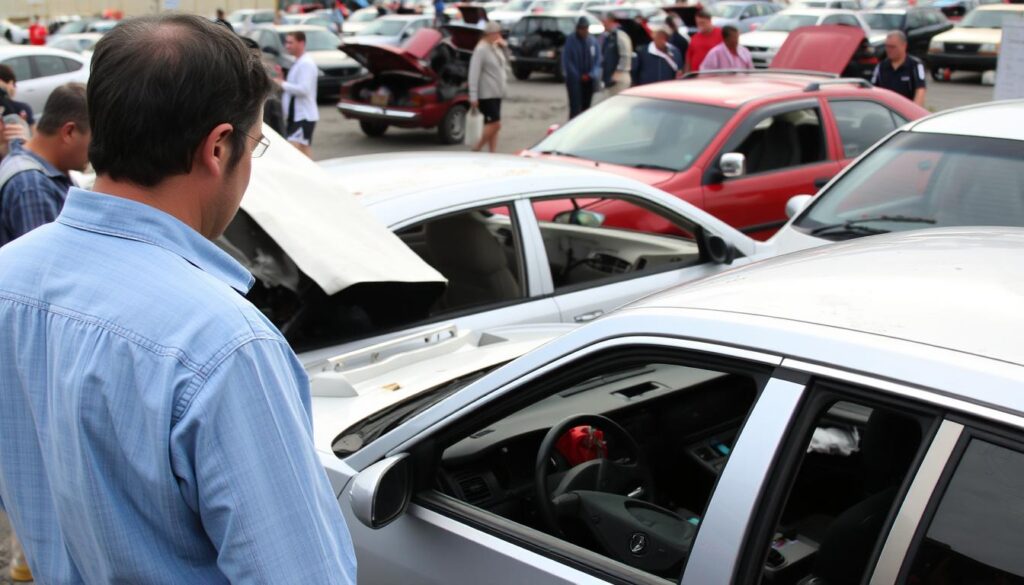 Image of a person inspecting a salvage car at an auction