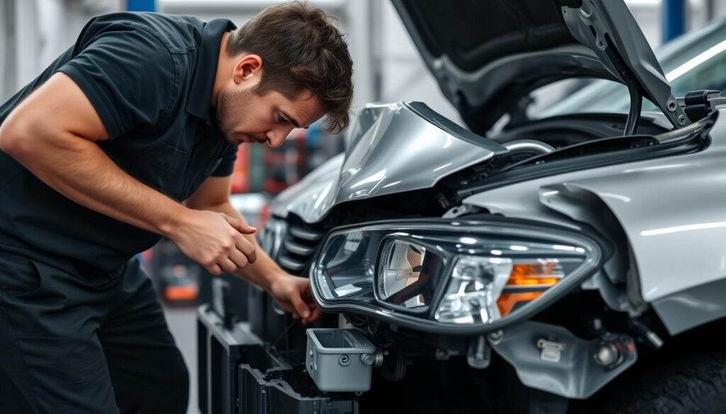 Image of a professional mechanic inspecting an accident car